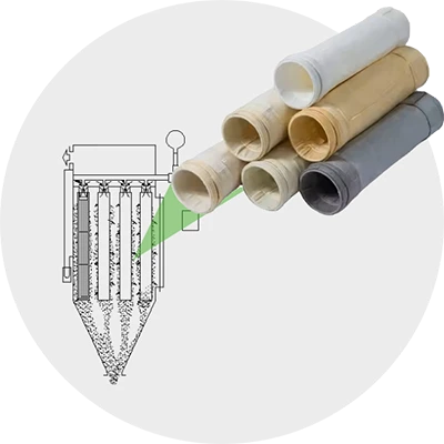 Dust collector filter bags on a gray background