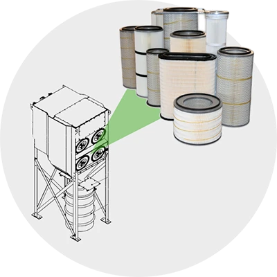 A dust collector filter cartridge on a gray background
