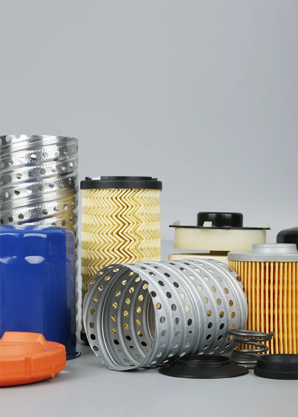 Various filter materials and accessories on a gray background