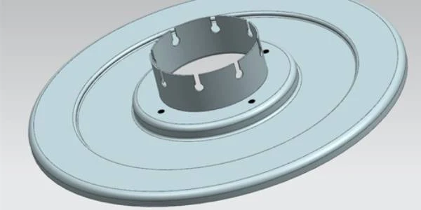 A bypass valve stamping part on a gray background